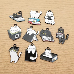 10/20pcs, Book Cat Charm Enamel Charm Bracelet Charm Necklace Charm Earring Pendant DIY Jewelry Making Accessories Alloy Metal Black Plated