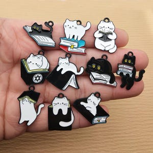 10/20pcs, Book Cat Charm Enamel Charm Bracelet Charm Necklace Charm Earring Pendant DIY Jewelry Making Accessories Alloy Metal Black Plated