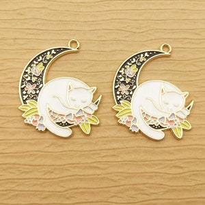 10PCS, Moon Cat Charm Enamel Charm Earring Pendant Gold Plated Necklace Charm Bracelet Charm DIY Finding