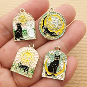 10/16pcs Sun Moon Cat Charm Enamel Necklace Pendant Earring Charm Bracelet Charm Jewelry Accessories Gold Plated