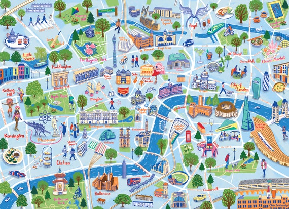Map Of Central London Uk Central London Illustrated Map | Etsy Uk