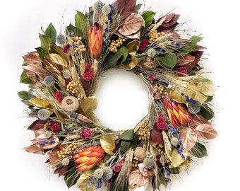 VanCortlandt Farms Natural Dried Flower and Preserved Leaves Handmade Autumn Elegance Interior Wreath with Painted Copper and Gold Leaves