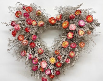 VanCortlandt Farms Natural Dried Flower Handmade 20” Gypsophila and Strawflowers Romeo Heart Wreath