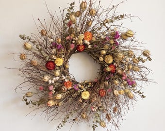 VanCortlandt Farms Natural Dried Flowers and Eucalyptus Handmade Garden Allure Wreath