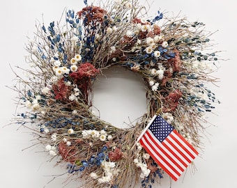 VanCortlandt Farms Natural Floral Red White Blue Patriotic USA Flag Handmade Dried Flower Liberty Harvest Wreath