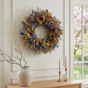 VanCortlandt Farms Natural Colorful Wildflowers Dried Flower Handmade Meadow Parade Wreath afbeelding 2