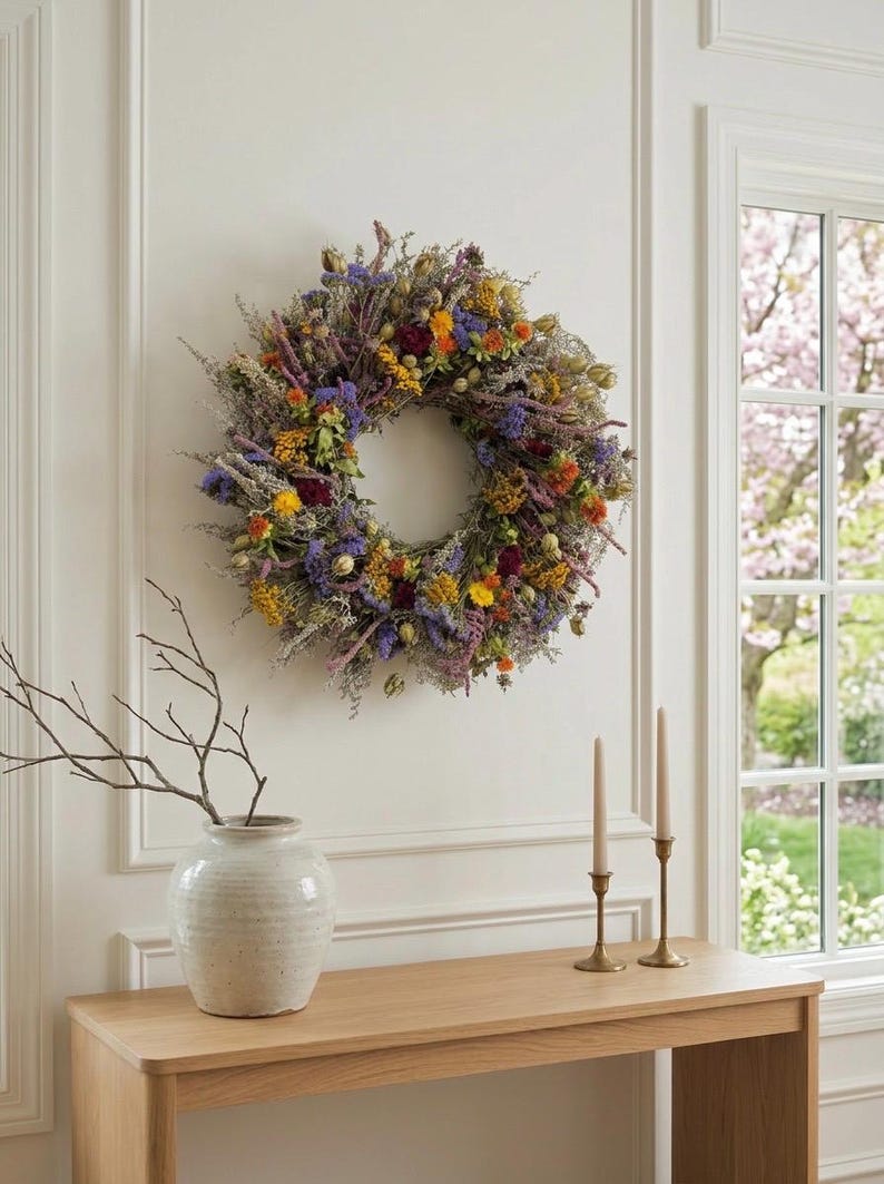 VanCortlandt Farms Natural Colorful Wildflowers Dried Flower Handmade Meadow Parade Wreath afbeelding 2