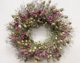 VanCortlandt Farms Dried Rosey Caspia Wreath - Handmade Real Wildflowers Floral Pink Gray Purple Garden Spring Summer Indoor Art Decor