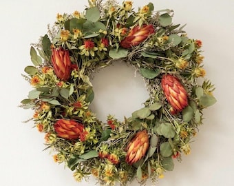 VanCortlandt Farms Dried Indian Sunset Wreath - Natural Flowers Handmade Safflower, Eucalyptus, Protea Thanksgiving Fall Autumn Harvest Gift