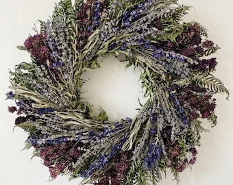 VanCortlandt Farms Dried Herbal Blues Wreath - Natural Real Flowers Floral Grain Neutral Garden Earthy Fragrant Home Decor Handmade Gift