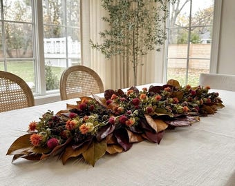 VanCortlandt Farms Handmade Natural Greenery Thanksgiving Fall Autumn Leaves Dried Flowers Preserved Safflower Vale Centerpiece