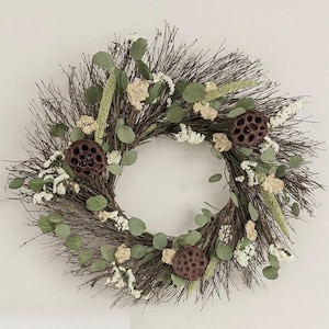 VanCortlandt Farms Natural Dried Handmade Twig Tropical Lotus and Eucalyptus Wreath