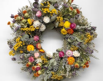 VanCortlandt Farms Natural Colorful Dried Flowers Eucalyptus Wildflowers Handmade Joyous Wreath