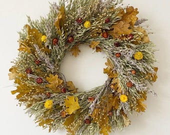 VanCortlandt Farms Natural Fall Autumn Harvest Leaves Dried Flowers Handmade Oak Aurelia Wreath