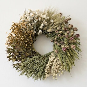 VanCortlandt Farms Natural Green White Beige Neutral Timeless Organic Grains Dried Handmade Dried Flower 20" Verdant Ivory Wheel Wreath