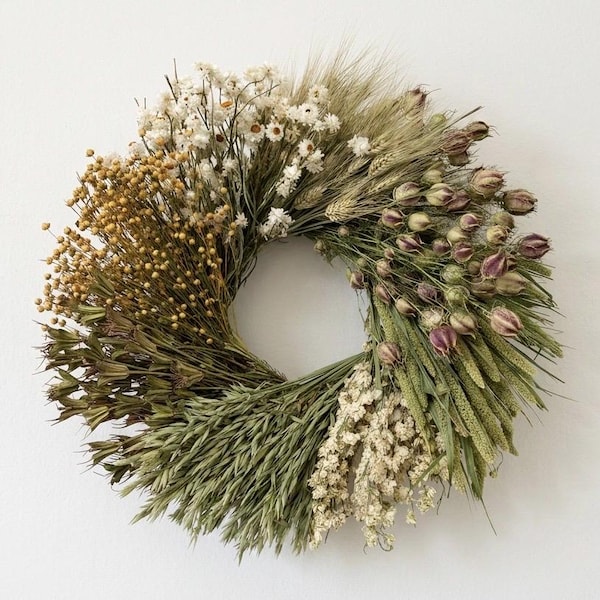 VanCortlandt Farms Natural Green White Beige Neutral Timeless Organic Grains Dried Handmade Dried Flower 20" Verdant Ivory Wheel Wreath
