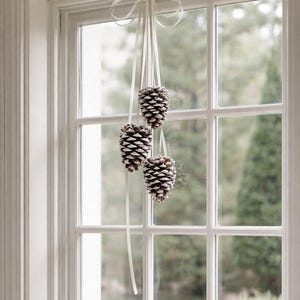 May include: Three decorative pine cones hanging from a white ribbon bow in front of a window. The pine cones are brown and white, and the window has a grid pattern. The background is a blurred view of trees.