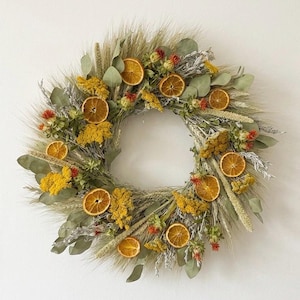 VanCortlandt Farms Dried Sunny Citrus Wreath - Natural Oranges Eucalyptus Fall Autumn Summer Wildflowers Everlasting Flowers Handmade Gift