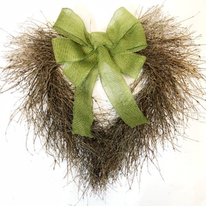 VanCortlandt Farms Natural Dried Handmade Quail Brush Twig Heart Wreath With Green Burlap Bow