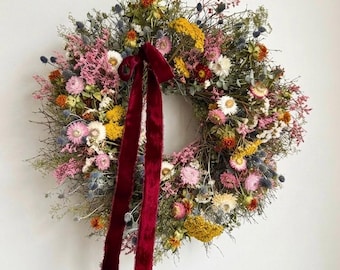 Vancortlandt Farms Dried Prairie Ruby Wreath - Natural Real Colorful Everlasting Floral Eucalyptus Wildflower Flower Ribbon Handmade Decor
