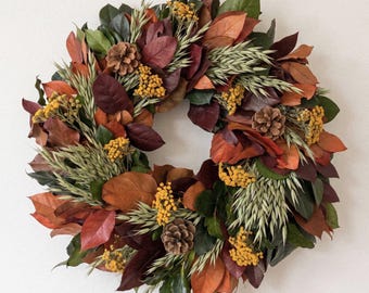 VanCortlandt Farms Dried and Preserved Deciduous Montage Wreath - Natural Fall Timeless Autumn Decor Flower Wildflower Leaves Handmade Gift