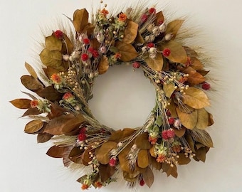 VanCortlandt Farms Natural Autumn Orange Yellow Leaves Dried and Preserved Handmade Fall Skies Wreath