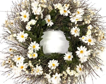 VanCortlandt Farms Natural Dried and Silk Handmade All Weather White Daisy and Quailbrush Twig Wreath