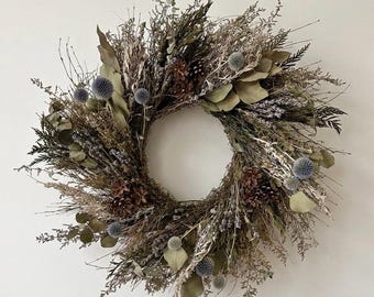 VanCortlandt Farms Natural Eucalyptus Cedar Neutral Dried Flowers and Preserved Handmade Thistle and Timber Wreath