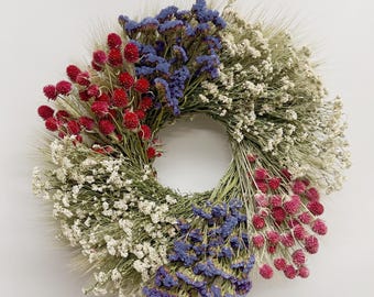 VanCortlandt Farms Natural Wildflower Green Wheat Red White Blue America Patriotic USA Handmade Dried Flower 20" Eternal Garden Wheel Wreath