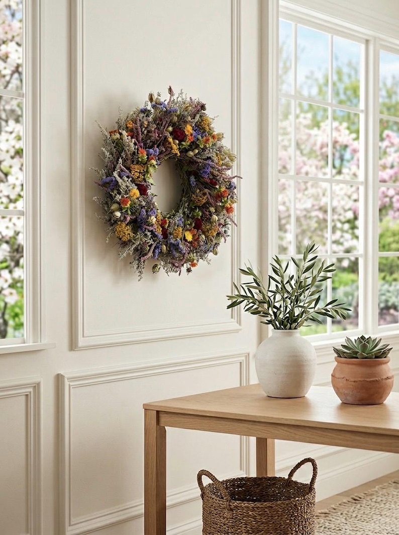VanCortlandt Farms Natural Colorful Wildflowers Dried Flower Handmade Meadow Parade Wreath afbeelding 3