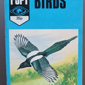 May include: A vintage "I-SPY BIRDS" book with a blue cover. The cover features a detailed illustration of a bird in flight, with black, white, and green feathers. The book's title is in bold, black letters, and the price is 35p.