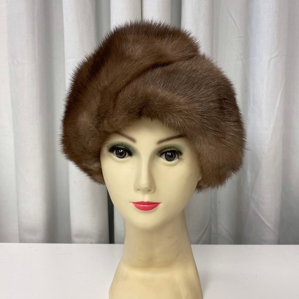 Vintage taupe colored mink hat, mink hat, women's hat, real fur hat, winter hat