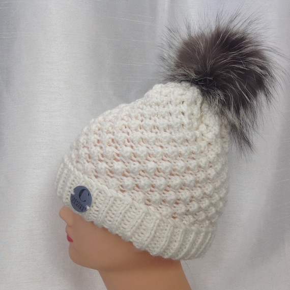 acrylic wool with silver fox pompom Taupe-colored tuque
