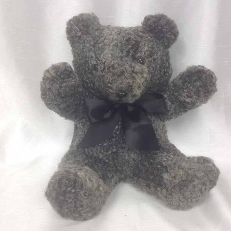 Grey teddy bear with sheep recycled fur 13 inches
