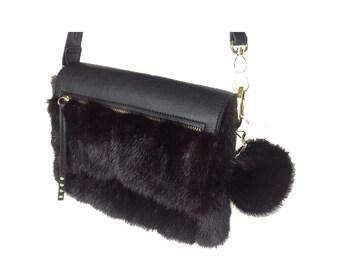 Leather and recycled black mink fur handbag