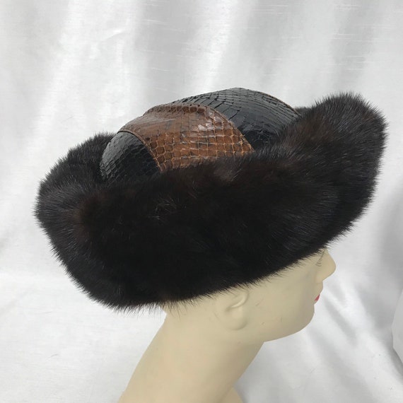 Vintage hat in black mink and black and brown lea… - image 4