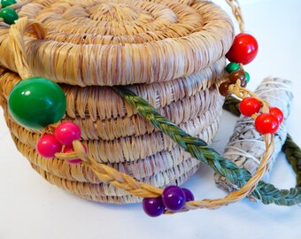 Raffia Lidded Basket ~ Beaded Handles
