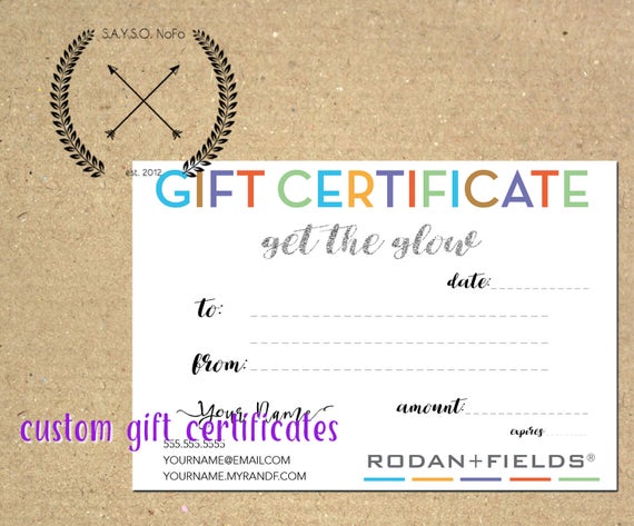 Rodan Fields Custom Gift Certificate Dollar Value Business Material Download Printable Get The Glow R F Gifts 4 X 6 Inch