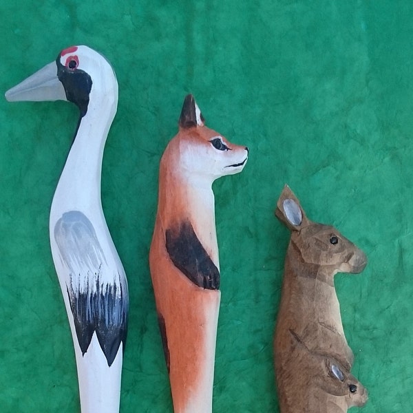 Stylo bois de tilleul, stylo sculpté,  tête animal, grue, kangourou, renard, stylo personnalisé