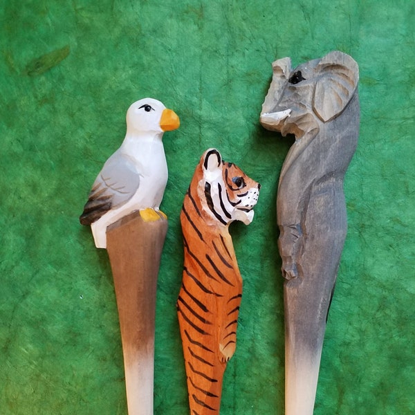 Wood pen, carved pen, animal head, elephant, tiger, gulls, personalized pen