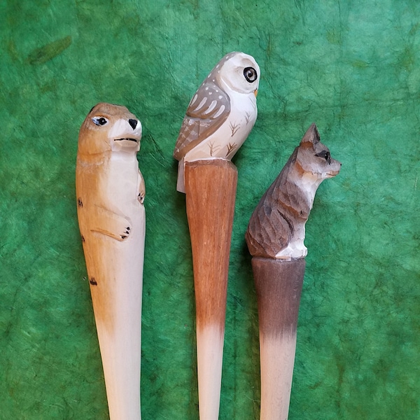 Stylo bois de tilleul, stylo sculpté,  tête animal, chouette, loup, veau marin,  stylo personnalisé