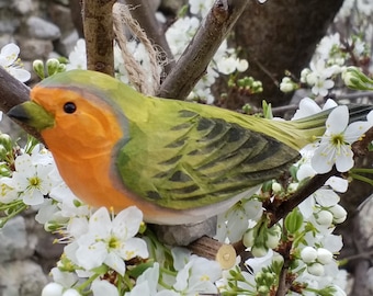 Hanging wood bird, red robin