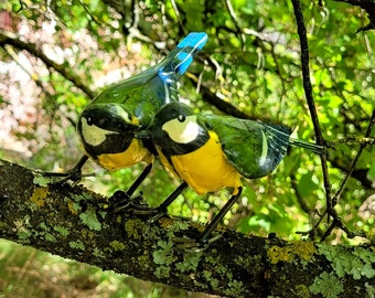 couple mésanges bleues en métal recyclé, 2 mésanges bleues, oiseaux des jardins, décoration de jardin