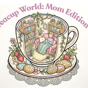 Puede incluir: Ilustración de una taza de té con el texto "Teacup World: Mom Edition". Dentro de la taza, una escena de sala de estar acogedora con una persona en un sofá rosa, estanterías, plantas y galletas en un platillo.