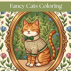Può includere: Illustrazione di un gatto arancione con un maglione e un papillon verde, incorniciato in un ovale. Lo sfondo presenta un motivo floreale con fiori rosa e blu, con il testo "Fancy Cats Coloring" in alto.