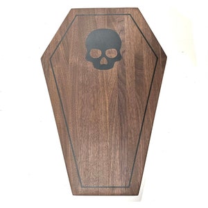 Halloween themed cutting board or serving tray coffin shaped with skull resin inlay