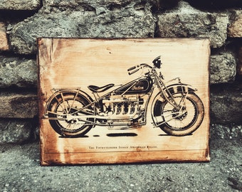 Vintage Indian Four Cylinder Engine Motorcycle Wooden Picture Made Real Antique Wood Home Decor