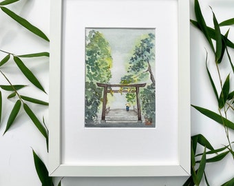 Original watercolor painting of a torii in the forest by Japanese artist