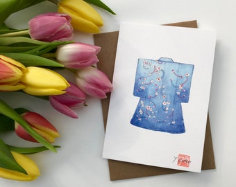 Greeting card, message card, birthday card, watercolor drawing of a kimono, Japanese art, blue kimono with "ume" plum blossom from Japan