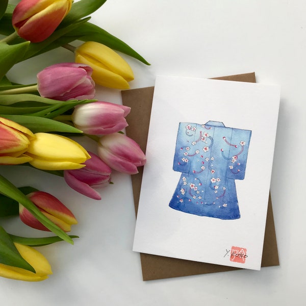 Carte de voeux avec aquarelle d'un kimono, art japonais, kimono bleu à fleurs de prunier "ume", carte message, carte d'anniversaire